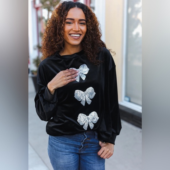 Home For The Holiday Silver Sequin Bow Velvet Pullover Top - Picture 9 of 16